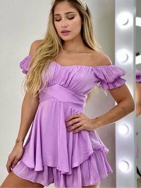 Lavender Off-Shoulder Ruffled Mini Dress